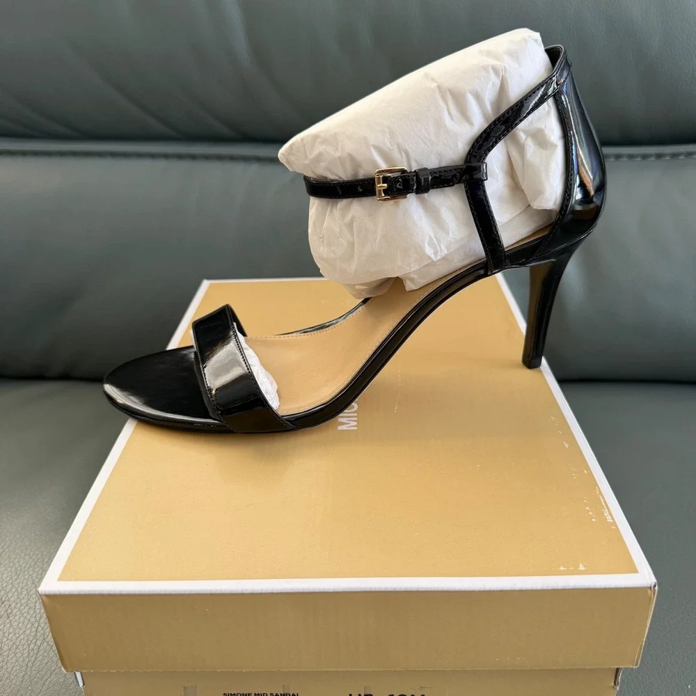 Michael Kors Simone Mid Sandal Black Patent Leather Stiletto Heels 10M